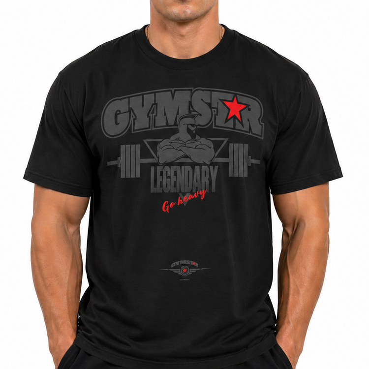 Man wearing a black t-shirt with 'Gymster Legendary' graphic on a white background