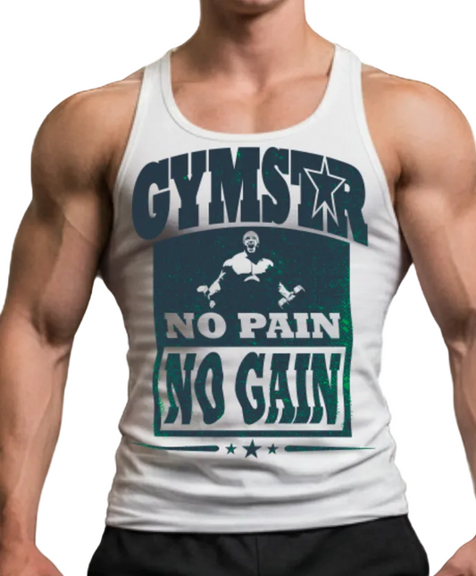 Man in a gym wearing a tank top with 'GYMSTAR' text, holding water and a towel.