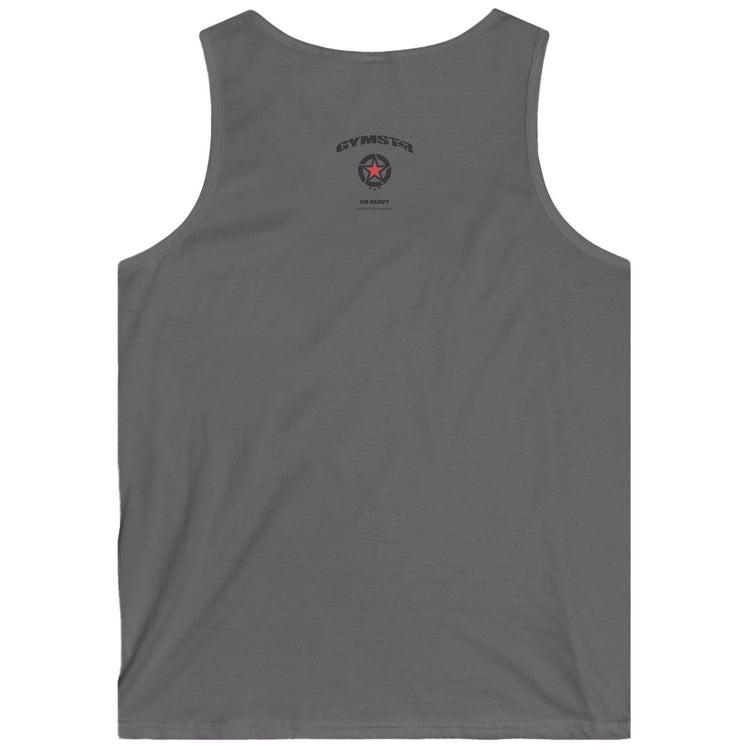 Gray Gymstar fitness tank top with a logo on the back against a white background