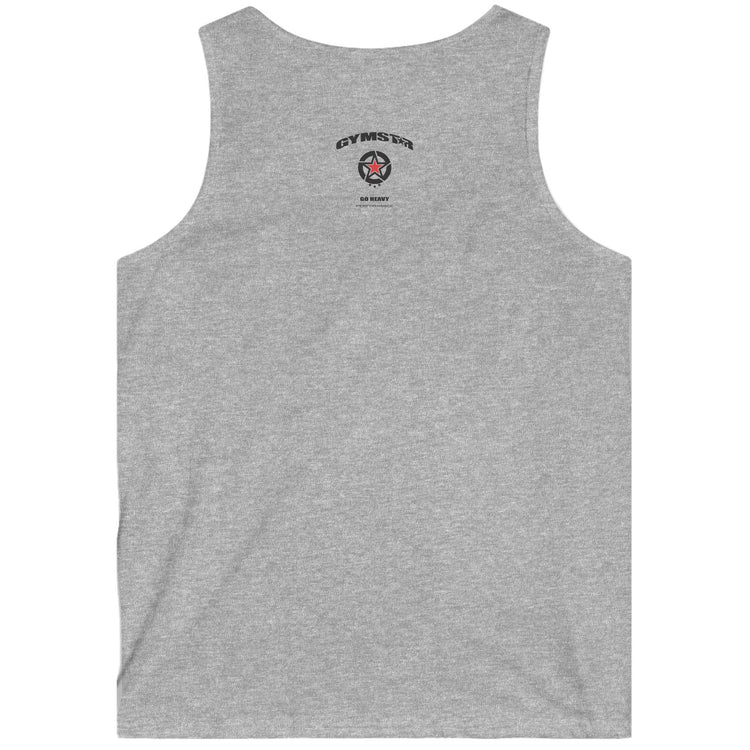 Gray Gymstar fitnes tank top with a logo on the back against a white background