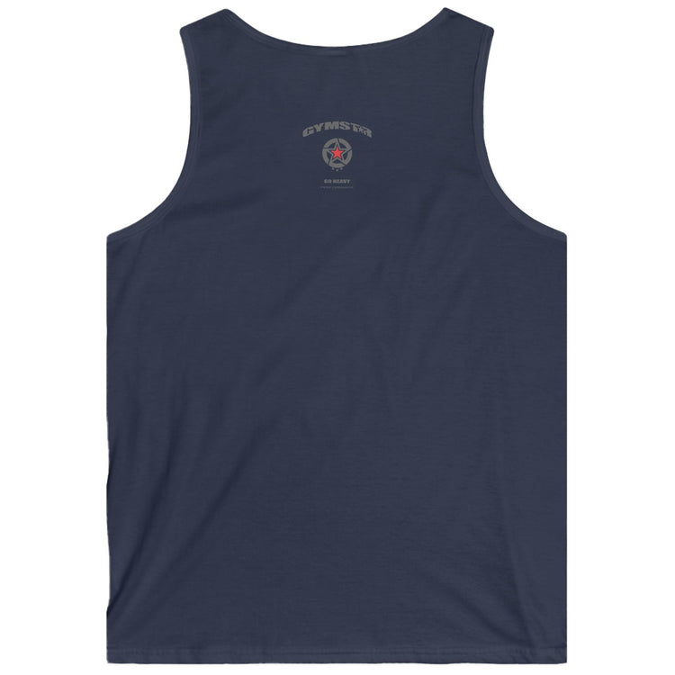 Navy Gymstar fitness tank top with a logo on the back against a white background