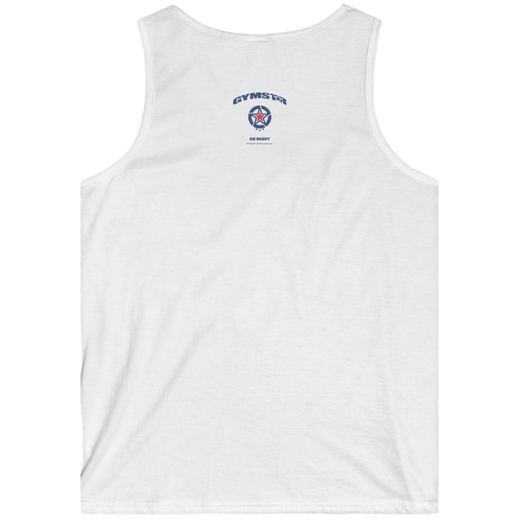 White Gymstar fitness tank top with a logo on the chest against a white background