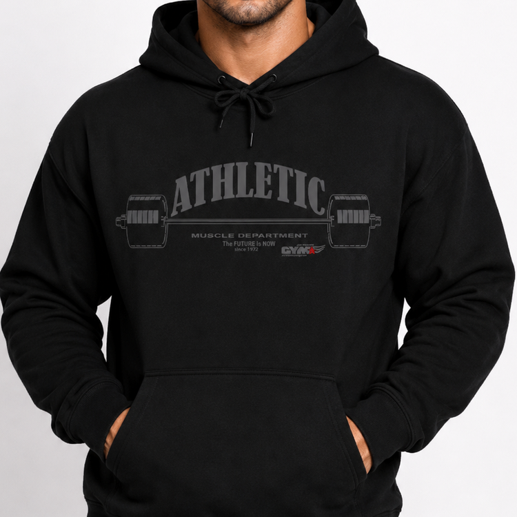 Man wearing a black Gymstar hoodie with 'Athletic' text on a white background
