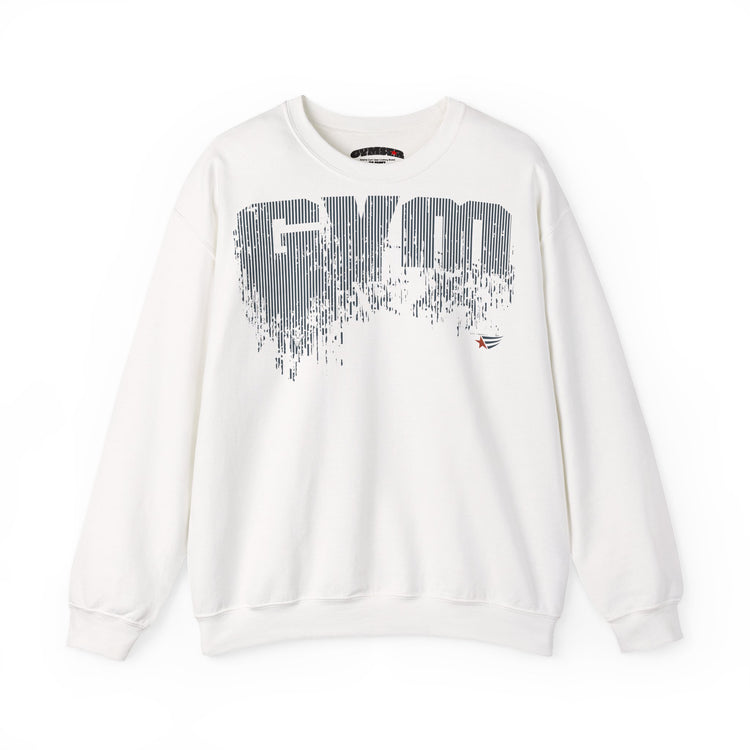 An off-white crewneck sweatshirt featuring a large, stylized 'GYM' graphic in gray with a vertical striped texture and a paint-splatter effect at the bottom. A small red and blue logo is visible on the right chest.
