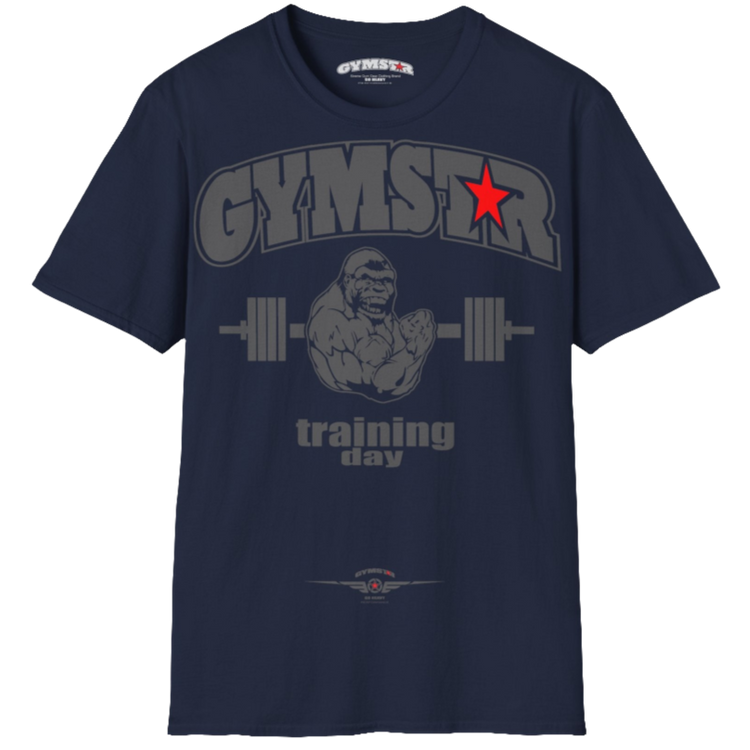 A navy blue Gymstar fitness t-shirt with the brand logo and a motivating design Training Day. Front over view.