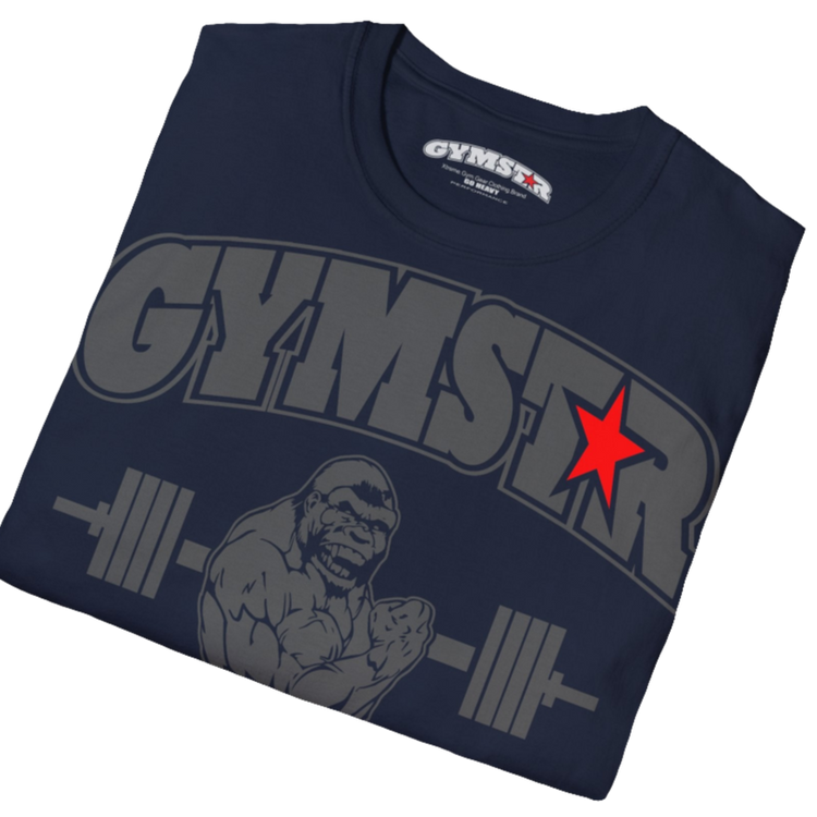 A navy blue Gymstar fitness t-shirt with the brand logo and a motivating design Training Day. Front view.