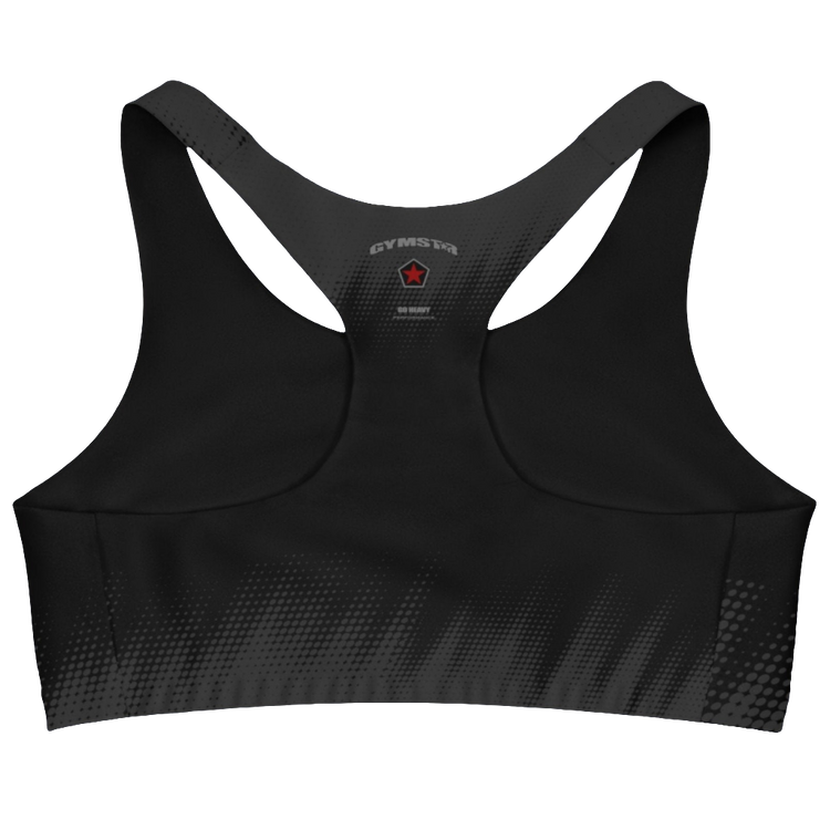BlackGrey sports, fitness bra from the Gimstar brand, with white seams and a small logo on the left side. Rear view.