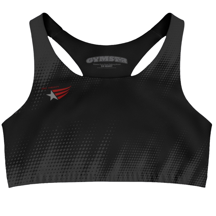 Black Grey sports, fitness bra from the Gimstar brand, with white seams and a small logo on the left side. Front view.