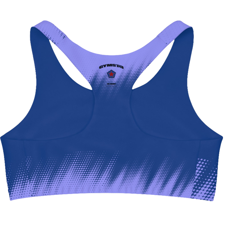 A women's athletic sports bra Gymstar. It is primarily light blue with a blue, dotted, gradient pattern that radiates from the sides and bottom. The straps are solid red. A small logo featuring a star and three red and blue stripes is on the center of the back.