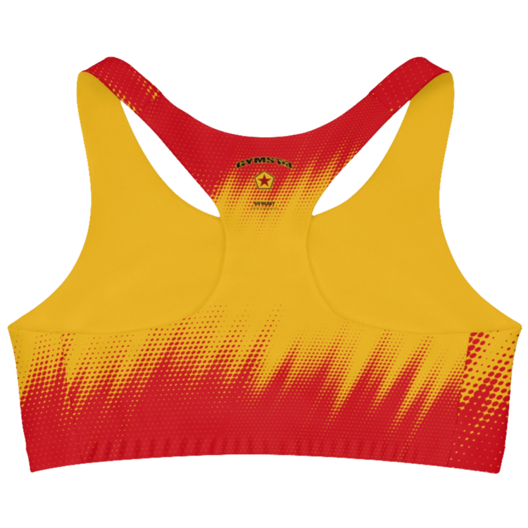 Red and yellow sports bra with visible brand logo.
