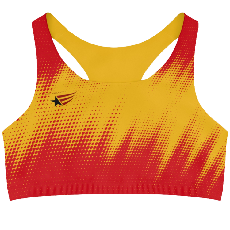 Red and yellow sports bra with visible brand logo. Front view.