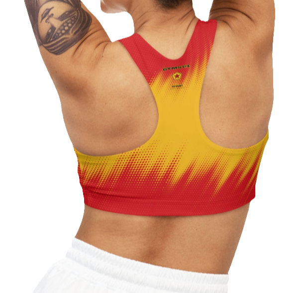 A sports bra with a red and yellow gradient design, featuring a racerback style.