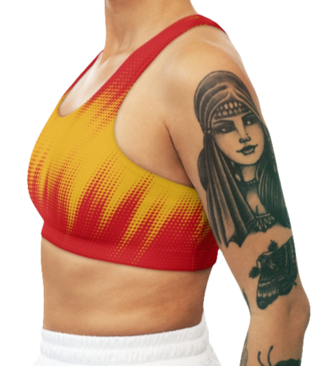 Red and yellow sports bra with visible brand logo. Left side view.