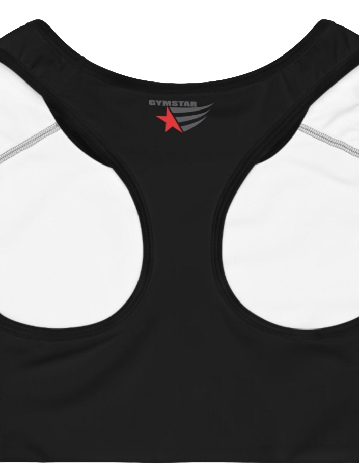 Black sports, fitness bra from the Gimstar brand,  and a small logo on the left side. Rear view.