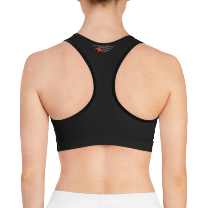 A women's solid black athletic sports bra Gymstar, shown from the back. It features black trim and a racerback style. The brand's logo is visible on the upper back, just below the neckline.