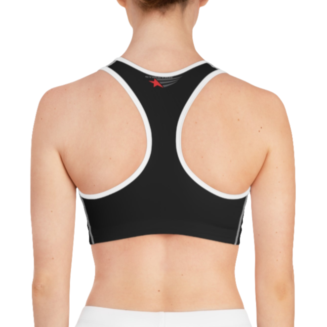 A women's solid black athletic sports bra Gymstar, shown from the back. It features white trim and a racerback style. The brand's logo is visible on the upper back, just below the neckline.