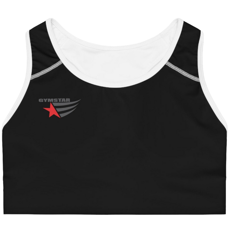 Black sports, fitness bra from the Gimstar brand, with white seams and a small logo on the left side. Front view.