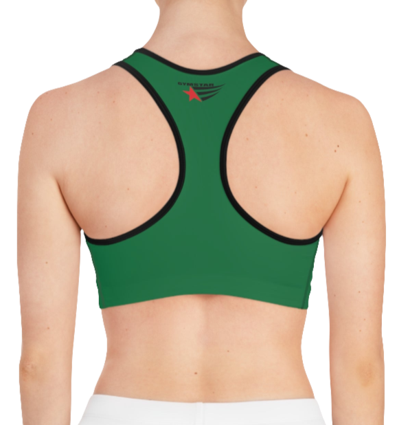 A women's solid green athletic sports bra Gymstar, shown from the back. It features black trim and a racerback style. The brand's logo is visible on the upper back, just below the neckline.