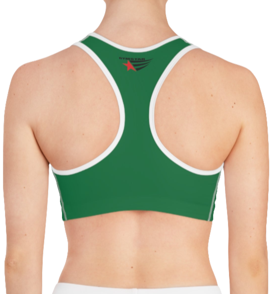 A women's solid green athletic sports bra Gymstar, shown from the back. It features white trim and a racerback style. The brand's logo is visible on the upper back, just below the neckline.