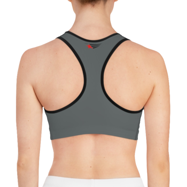 A women's solid grey athletic sports bra Gymstar, shown from the back. It features black trim and a racerback style. The brand's logo is visible on the upper back, just below the neckline.