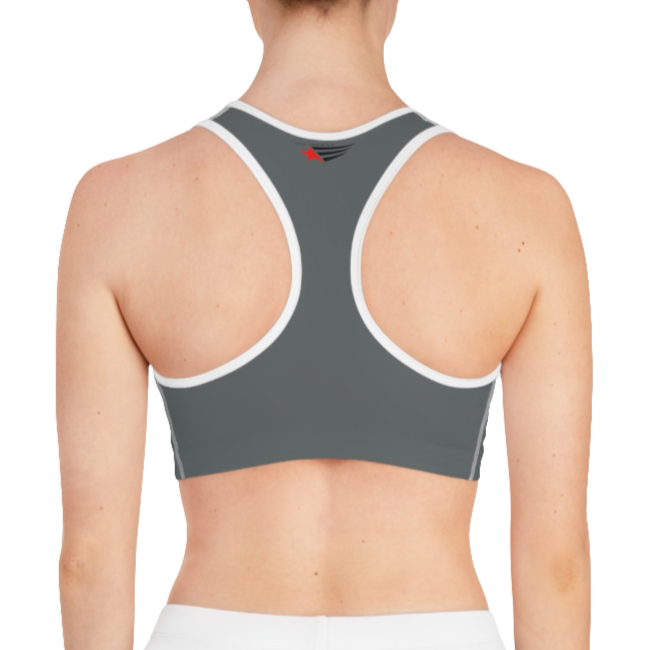 A women's solid grey athletic sports bra Gymstar, shown from the back. It features white trim and a racerback style. The brand's logo is visible on the upper back, just below the neckline.