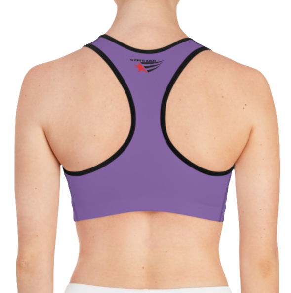 A women's solid purple athletic sports bra Gymstar, shown from the back. It features black trim and a racerback style. The brand's logo is visible on the upper back, just below the neckline.