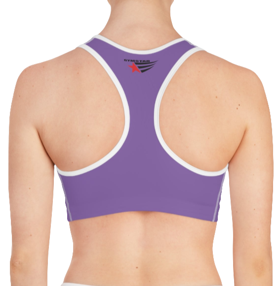 A women's solid purple athletic sports bra Gymstar, shown from the back. It features white trim and a racerback style. The brand's logo is visible on the upper back, just below the neckline.