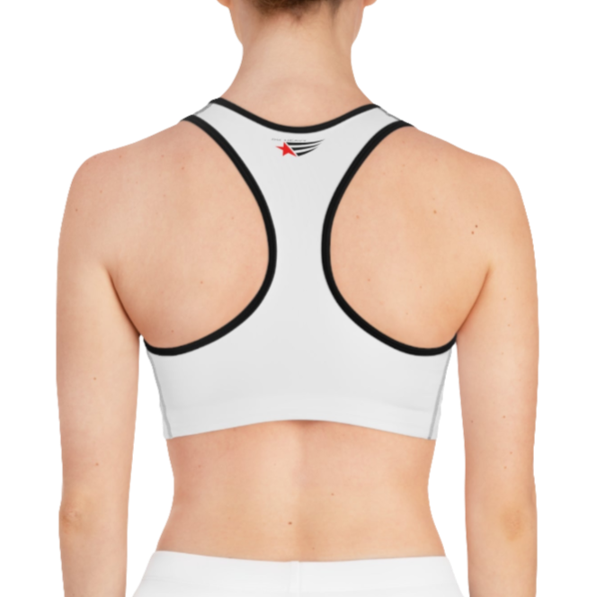 A women's solid white athletic sports bra Gymstar, shown from the back. It features white trim and a racerback style. The brand's logo is visible on the upper back, just below the neckline.