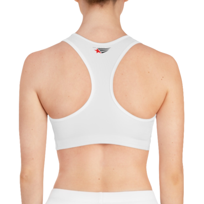 A women's solid white athletic sports bra Gymstar, shown from the back. It features white trim and a racerback style. The brand's logo is visible on the upper back, just below the neckline.