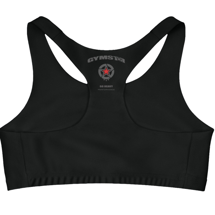 Black  sports, fitness bra from the Gimstar brand, with white seams and a small logo on the left side. Rear view.