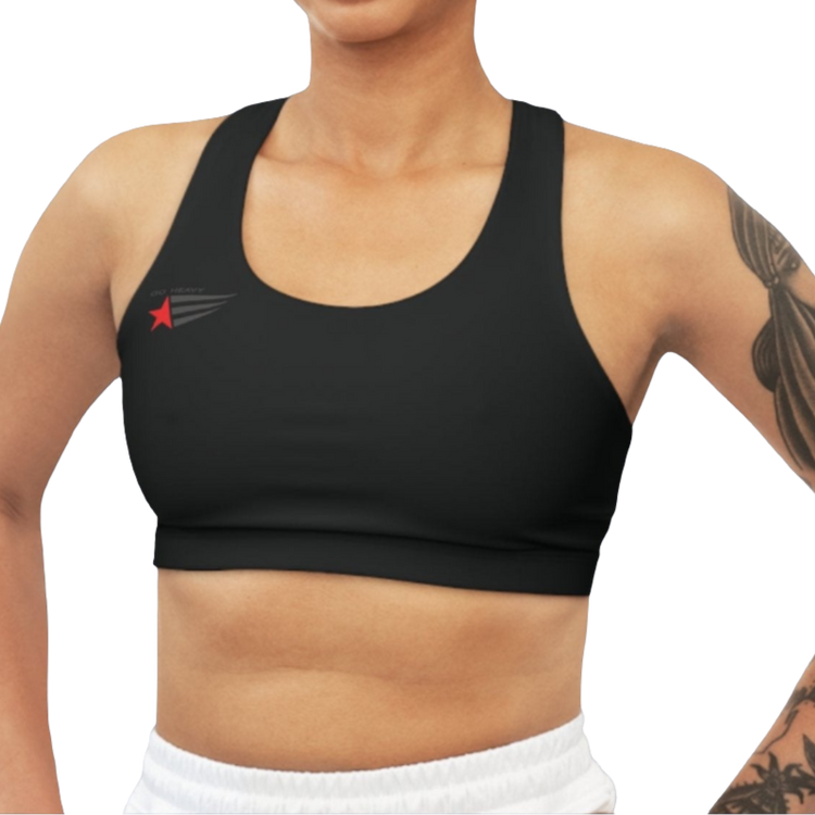 A woman wearing Black  sports, fitness bra from the Gimstar brand, with white seams and a small logo on the left side. Front view.