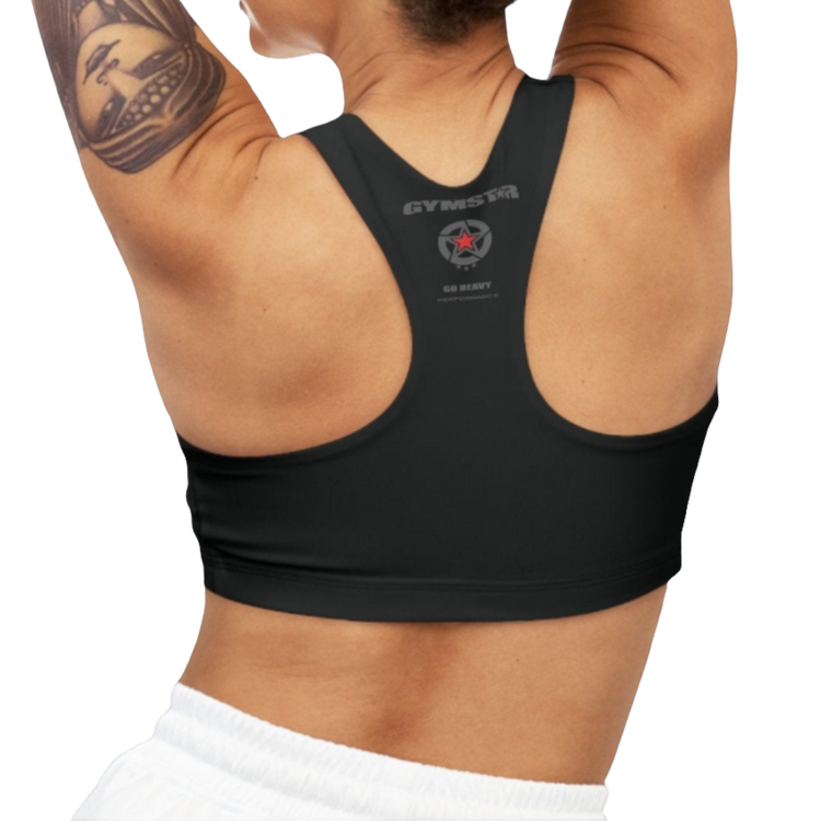 A woman wearing Black  sports, fitness bra from the Gimstar brand, with a small logo. Front view.