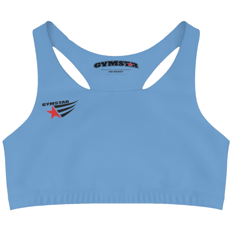 A Carolina Blue,  sports, fitness bra from the Gimstar brand, with  a small logo on the left side. Front view.