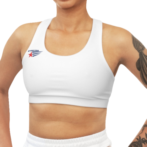 A women's solid white athletic sports bra. It has a scoop neckline and a racerback fitness style. A small logo featuring a star and three red and blue stripes is on the left side of the chest, with the brand name "GYMSTAR" above it.