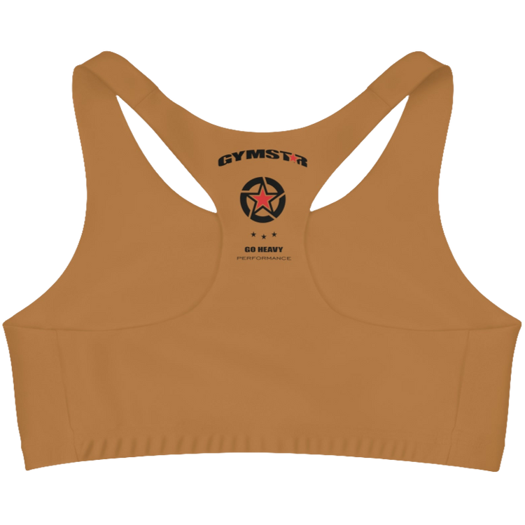 A women`s  brown athletic sports bra Gymstar, shown from the behind. The straps are solid  and form a racerback style at the back. A small logo is on the centre  side of the back.
