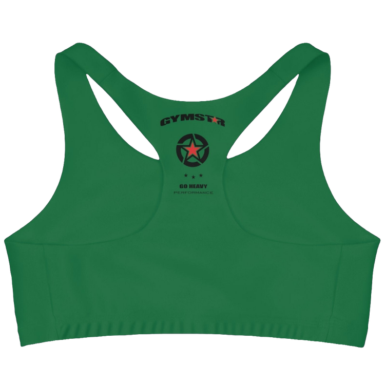 An Green,  sports, fitness bra from the Gimstar brand, with  a small logo on the left side. Rear view.
