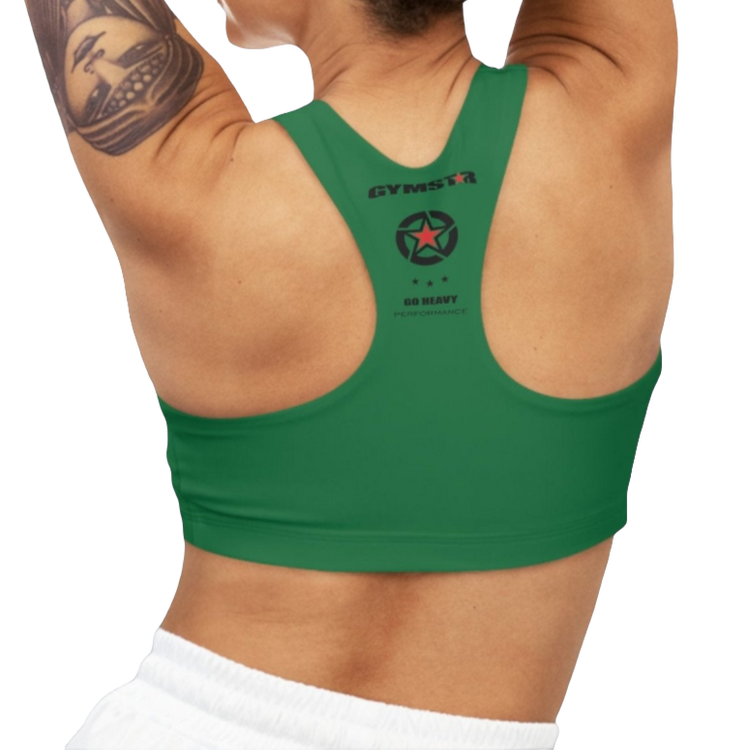A woman wearing Green,  sports, fitness bra from the Gimstar brand, with  a small logo on the left side. Rear view.