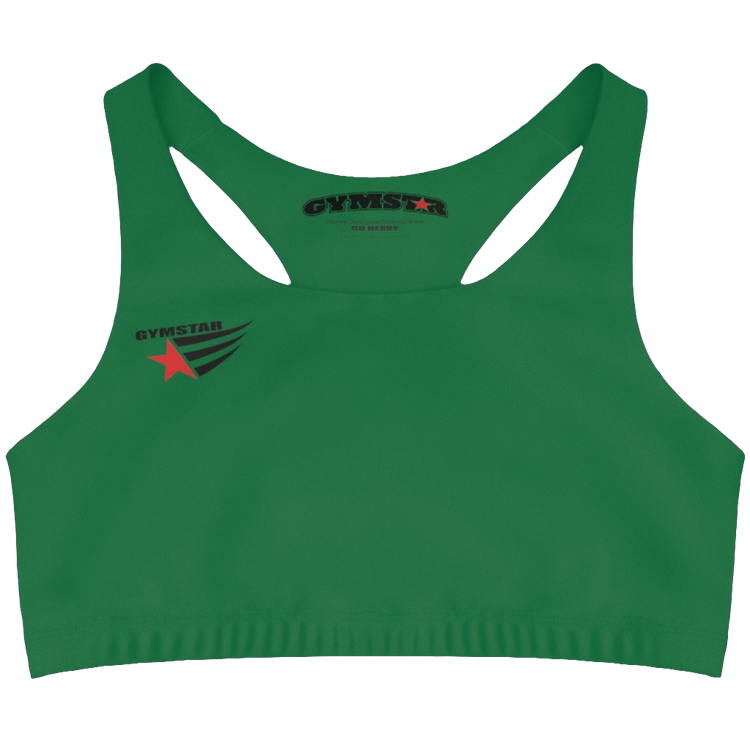 An Green,  sports, fitness bra from the Gimstar brand, with  a small logo on the left side. Front view.