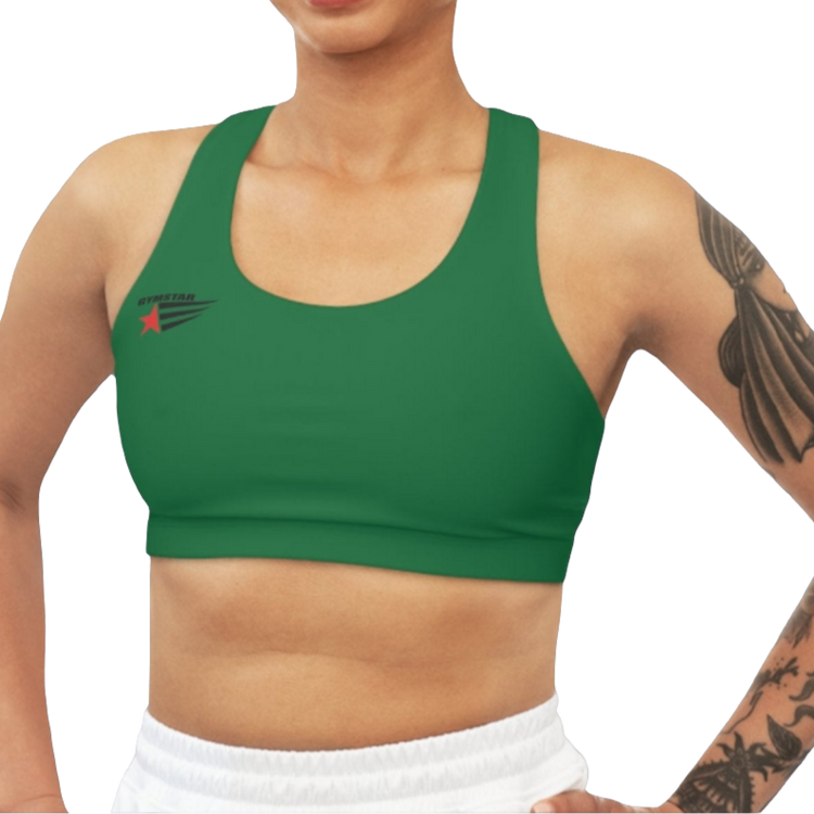 A woman wearing Green,  sports, fitness bra from the Gimstar brand, with  a small logo on the left side. Front view.