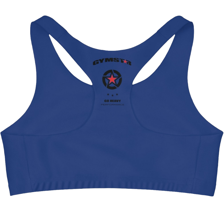 A Blue,  sports, fitness bra from the Gimstar brand, with  a small logo on the left side. Rear view.