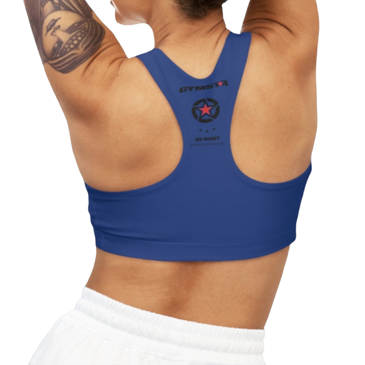 A Blue,  sports, fitness bra from the Gimstar brand, with  a small logo on the left side. Rear view.