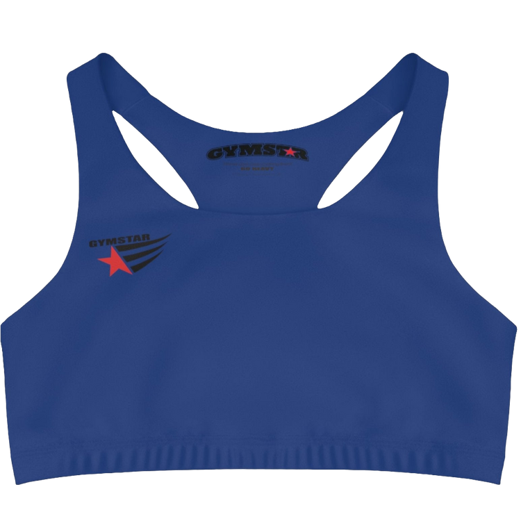 A Blue,  sports, fitness bra from the Gimstar brand, with  a small logo on the left side. Front view.