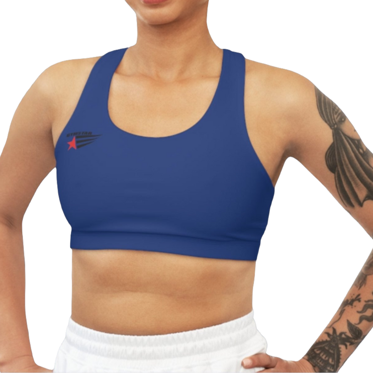 A woman wearing Blue,  sports, fitness bra from the Gimstar brand, with  a small logo on the left side. Front view.