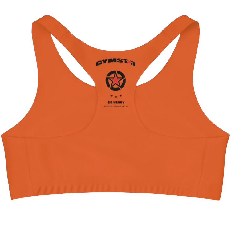 A Orange,  sports, fitness bra from the Gimstar brand, with  a small logo on the left side. Rear view.