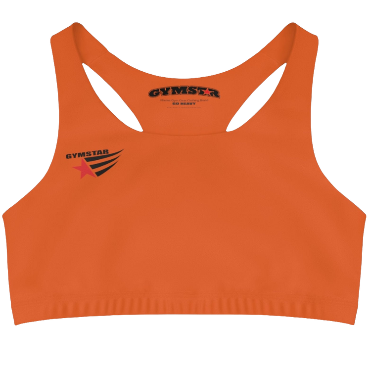 An  Orange,  sports, fitness bra from the Gimstar brand, with  a small logo on the left side. Front view.