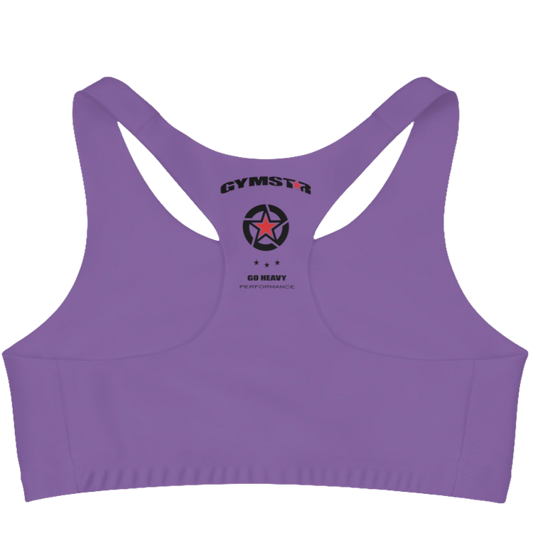 A women`s purple athletic sports bra Gymstar, shown from the behind. The straps are solid and form a racerback style at the back. A small logo is on the centre side of the back.