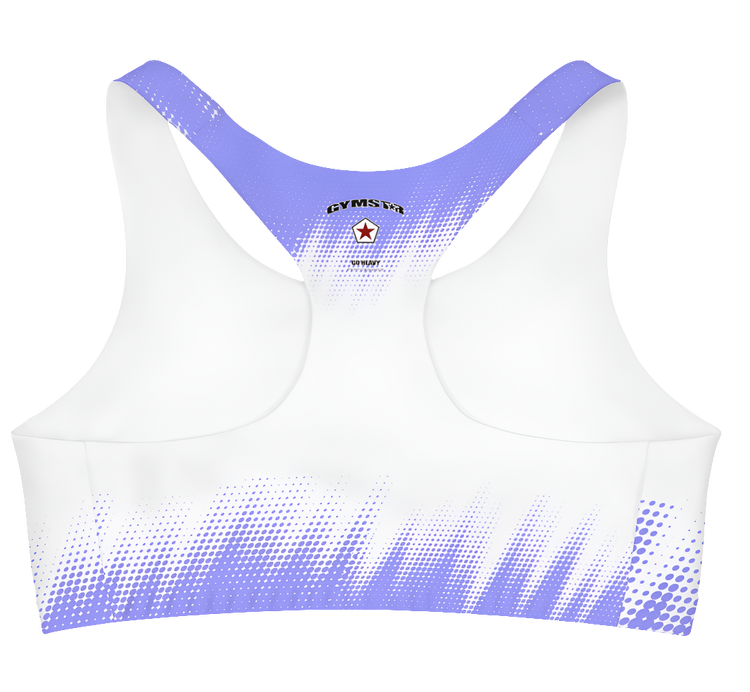 A women's athletic sports bra. It is primarily white with a blue, dotted, gradient pattern that radiates from the sides and bottom. The straps are solid blue. A small logo featuring a star  on the centre of the back.