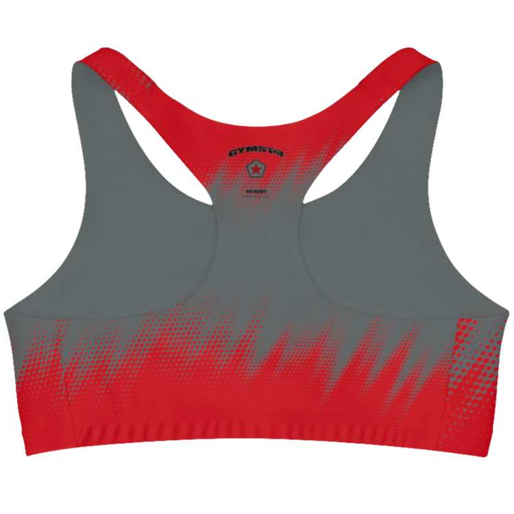 A women's athletic sports bra, shown from the back. The main body is gray with a red, dotted, gradient pattern that radiates from the bottom. The straps are solid red and form a racerback style. The brand name "GYMSTAR" and a logo are visible on the back, between the shoulder blades.