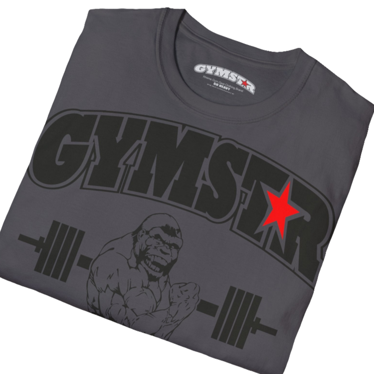 A sport grey Gymstar fitness t-shirt with the brand logo and a motivating design Training Day. Close up front view.
