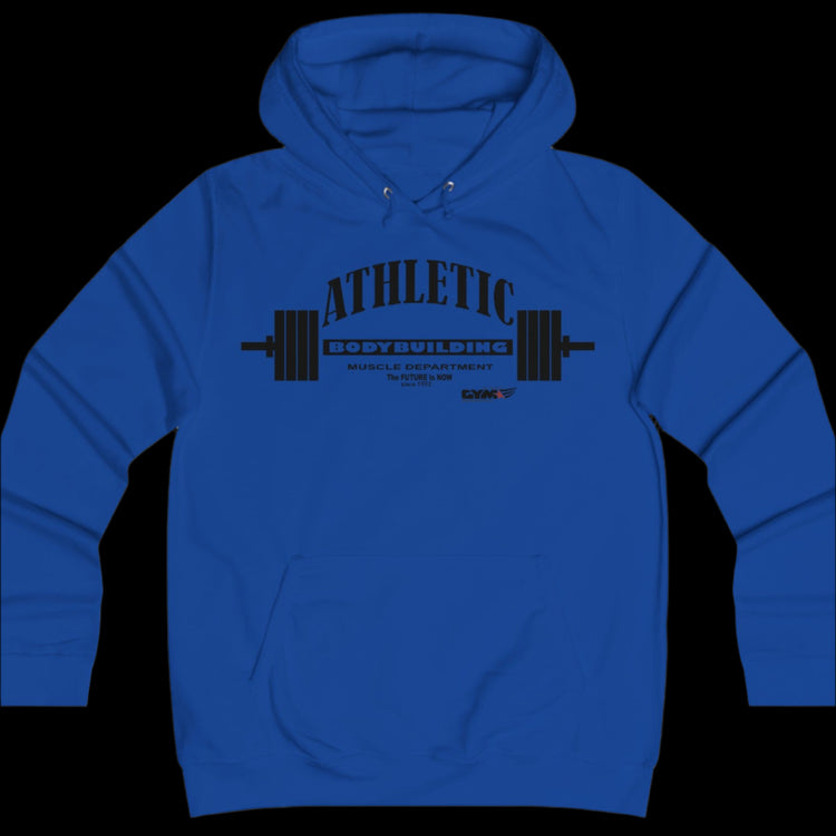 Sport blue color athletic hoodie gymstar with black graphic featuring the text "ATHLETIC BODYBUILDING MUSCLE DEPARTMENT," a barbell illustration, and small GYMSTAR logo on the chest.